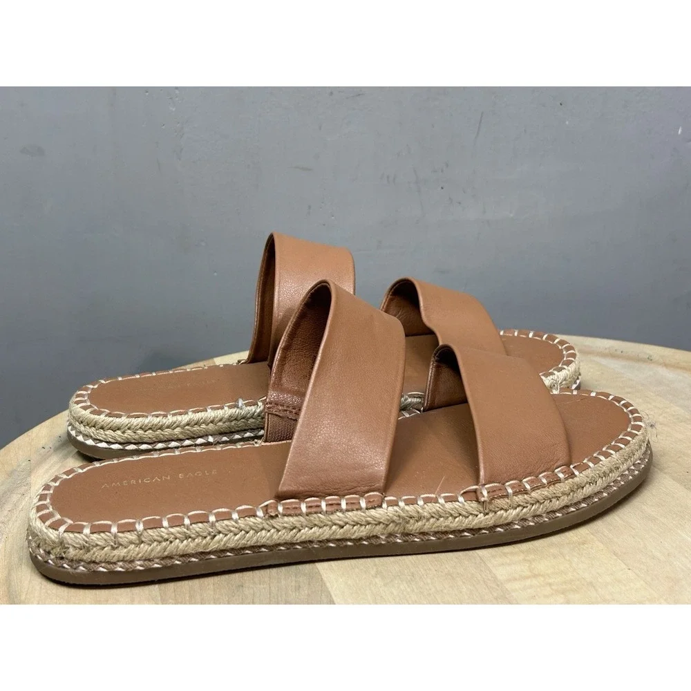 American Eagle Sandals Womens 10 Brown Espadrille Slide Braided Whipstitch 10989